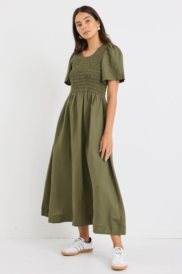 Wren Linen Blend S/S Bodice Midi Dress - Khaki