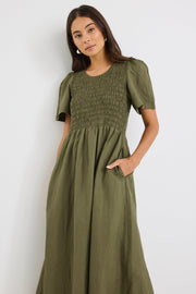 Wren Linen Blend S/S Bodice Midi Dress - Khaki