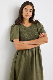 Wren Linen Blend S/S Bodice Midi Dress - Khaki