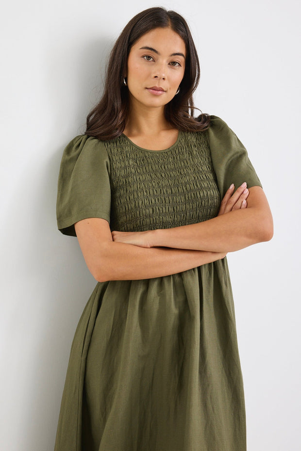 Wren Linen Blend S/S Bodice Midi Dress - Khaki