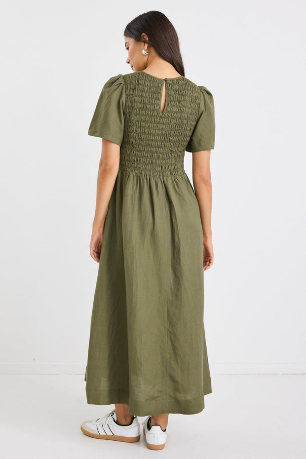 Wren Linen Blend S/S Bodice Midi Dress - Khaki