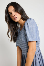 Wren Chambray Shirred Bodice Midi Dress - Blue