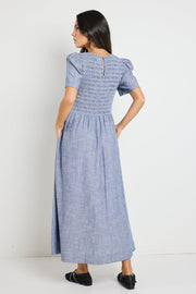 Wren Chambray Shirred Bodice Midi Dress - Blue