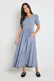 Wren Chambray Shirred Bodice Midi Dress - Blue