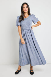 Wren Chambray Shirred Bodice Midi Dress - Blue