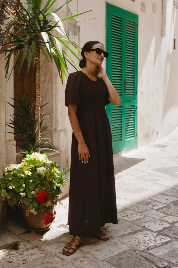 Wren Linen Blend Shirred Bodice Dress - Chocolate
