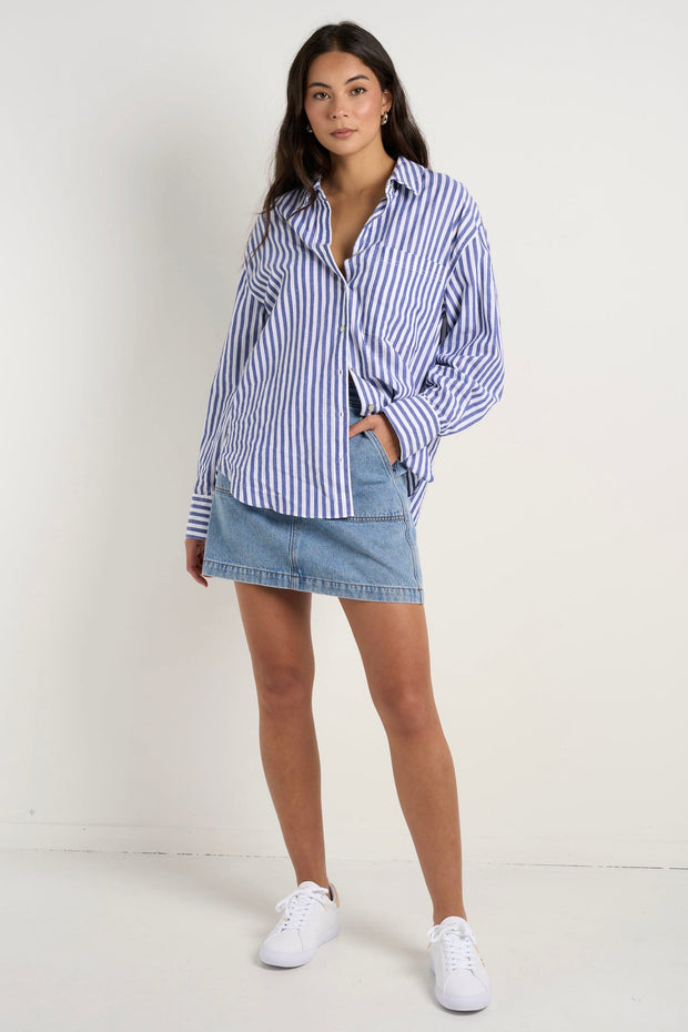 You Got This Stripe Cotton Oversized Shirt - Blue