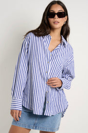 You Got This Stripe Cotton Oversized Shirt - Blue