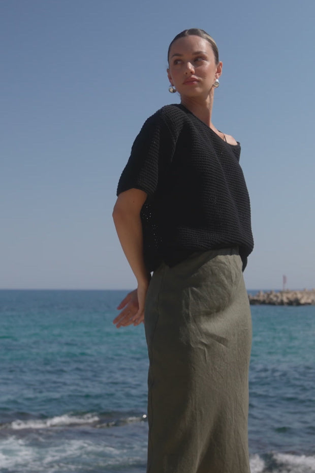 Bliss Linen Bias Midi Skirt - Khaki