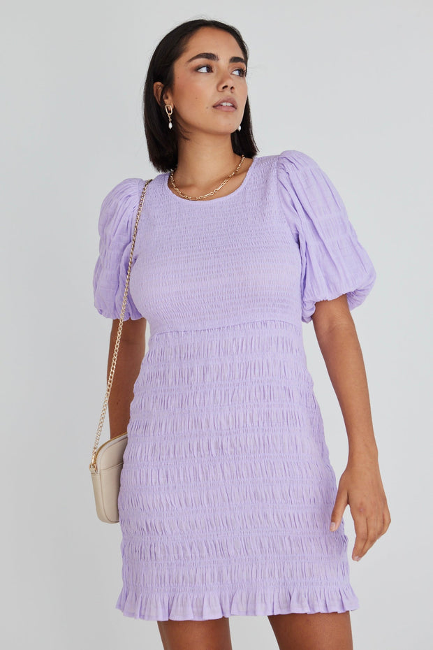 Bijou Puff Shirred Mini Dress - Lilac