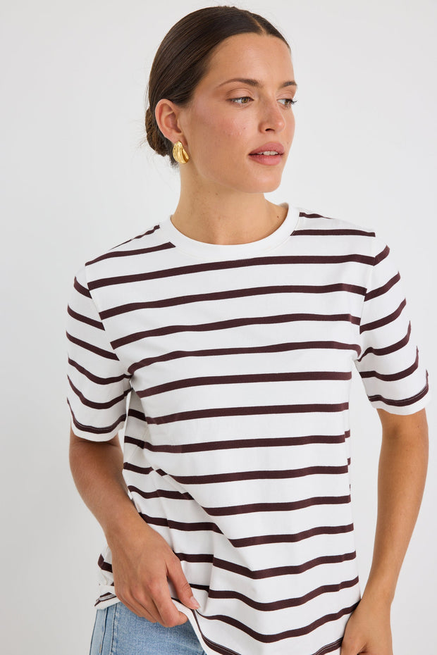 Binding Stripe Boxy Tee - Chocolate/White