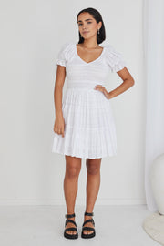 Heidi Shirred Bodice Mini Dress - White