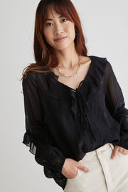 Daily Sheer Frill Front Top - Black