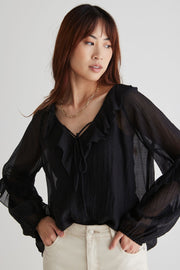Daily Sheer Frill Front Top - Black
