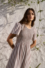 Wren Cotton Shirred Bodice Dress - Chocolate Stripe