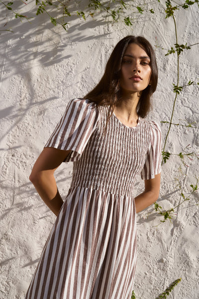 Wren Cotton Shirred Bodice Dress - Chocolate Stripe