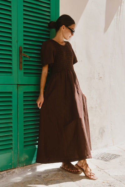Wren Linen Blend Shirred Bodice Dress - Chocolate