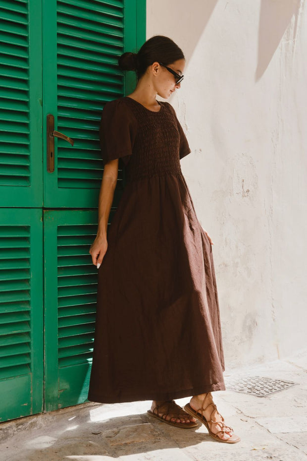 Wren Linen Blend Shirred Bodice Dress - Chocolate