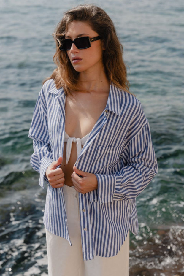 You Got This Stripe Cotton Oversized Shirt - Blue