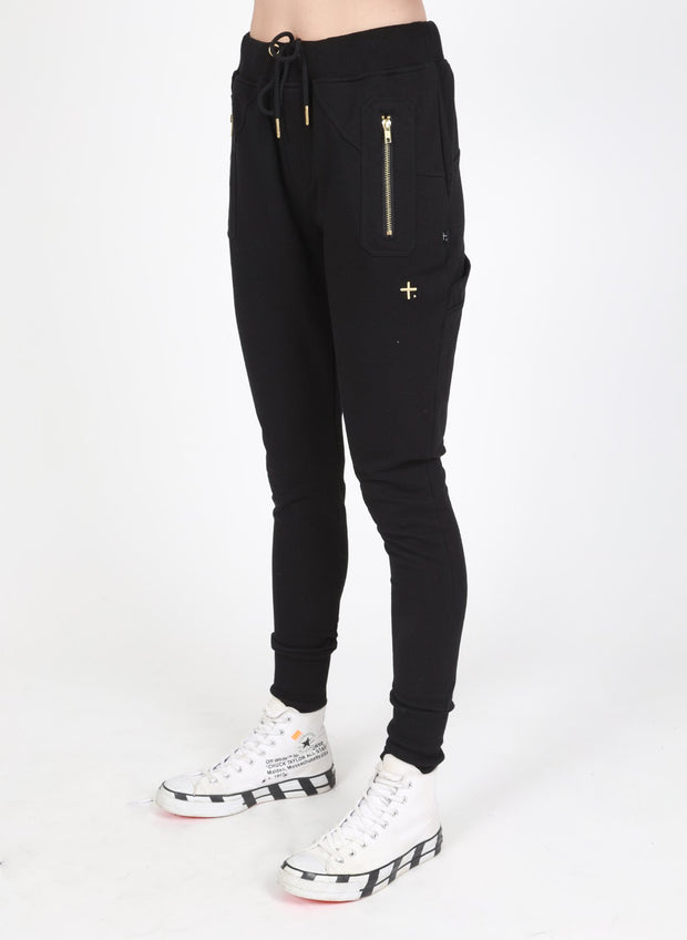 Escape Trackie Pant - Lil +. Black/Gold Zips - Chicago Joes
